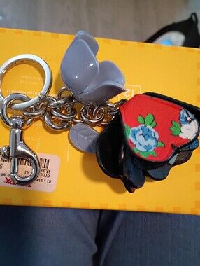 Coach Floral  Red and Blue and Gray Metal and Leather Charm For Bag